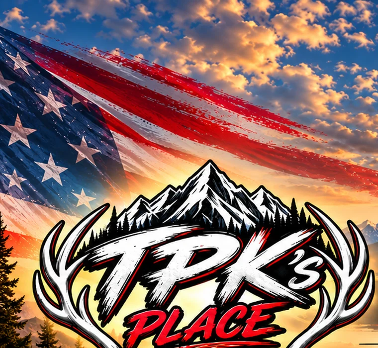 American flag flying over mountains