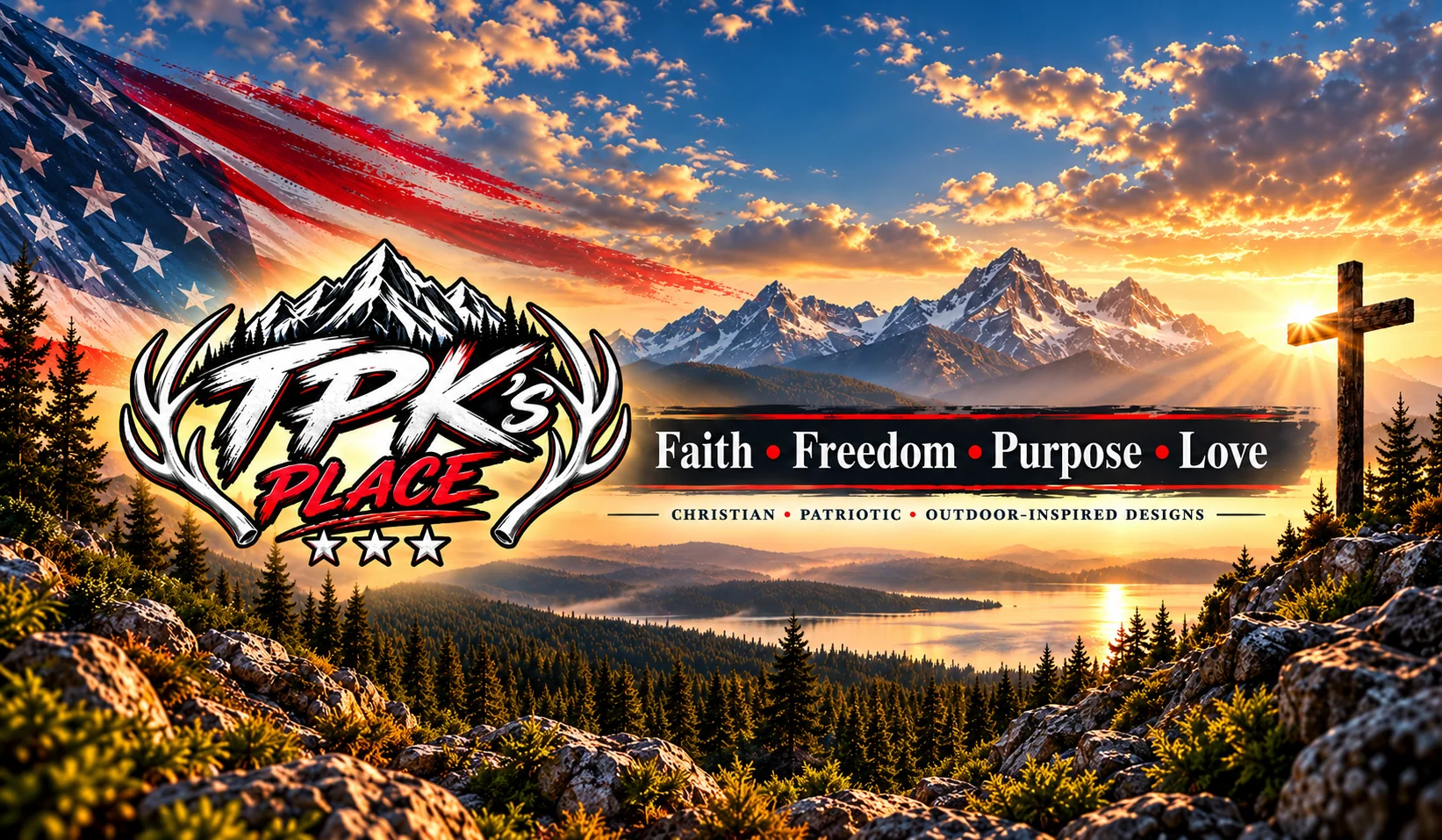 TPK's Place logo above a mountain landscape, American flag, sunrise and cross. Faith, Freedom, Purpose, Love.